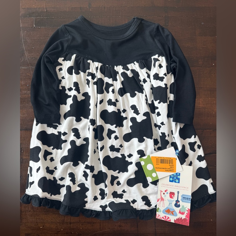NWT Size 6-12 months Kickee Pants Black and White Cow Print Long Sleeve Dress